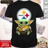 Top Baby Yoda Hugging Pittsburgh Steelers Shirt- Design By Romancetees.com